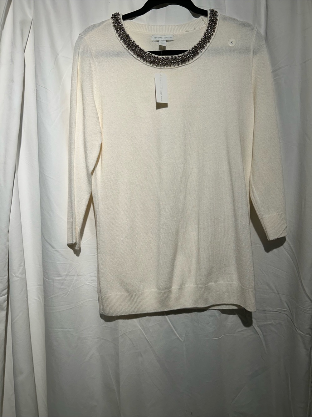 NWT New York & Company Ivory Jeweled Neck Sweater Large